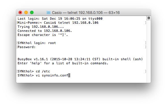 Session Telnet sur un NAS Synology DS214se.