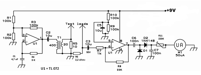 Si la galvanomètre n'arrive pas en fin de course il suffit d'augmenter le gain et de passer la résistance R8 à 47k.<br />Pour mesurer des résistances encore plus basse on peut mettre une 1 ohm à la place de R6.