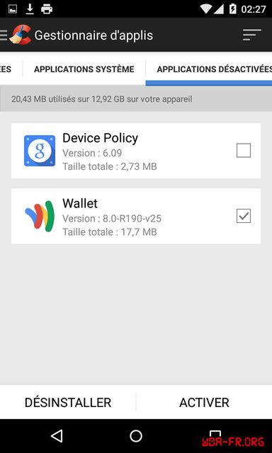 Applications désactivées dans Ccleaner sous Android.