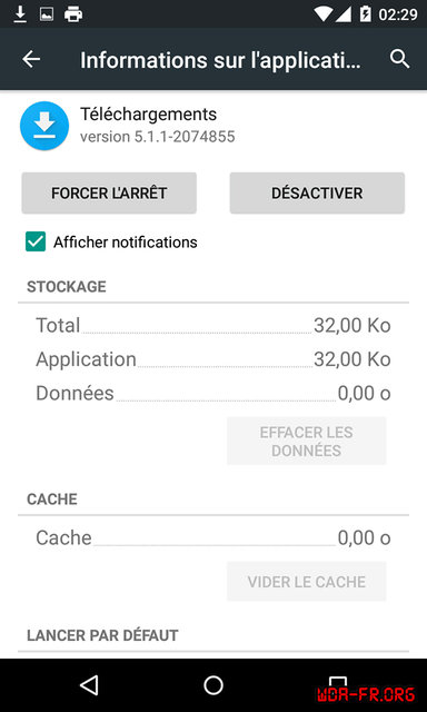 "Informations sur l'application Téléchargements" d'Android.