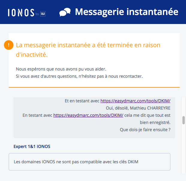 Les domaines IONOS ne sont pas compatible avec les clés DKIM !!!
