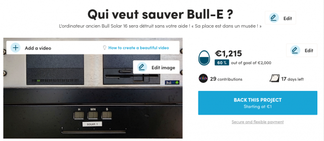 Capture d'écran de la campagne Ulule : "Qui veut sauver Bull-E ?", au 16 Mars 2023.