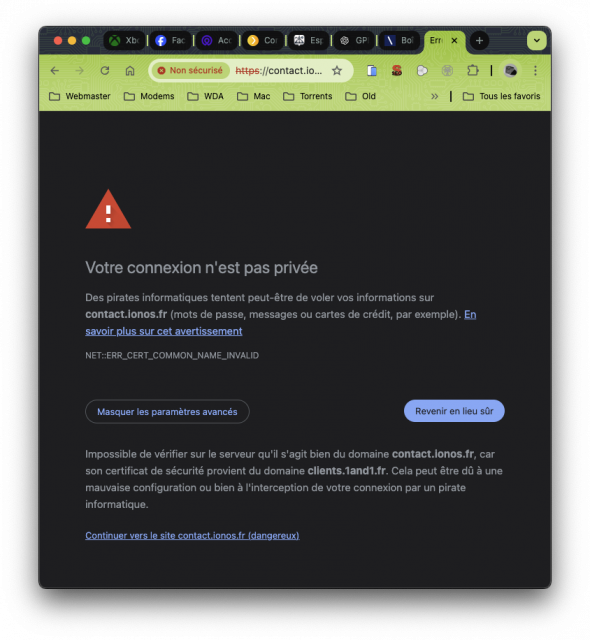 Votre connexion n'est pas privée ... IONOS !