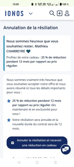 Proposition d'annulation de la résiliation par IONOS