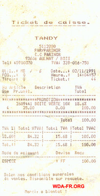 Ticket TANDY de 1991 pour une boite de 10 disquettes 3"1/2