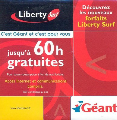 Liberty_surf_7_R.jpg (109.65 Kio) Vu 7404 fois Kit de connexion Liberty Surf (60H), offre en partenariat avec l'enseigne Géant - 2001 (recto)