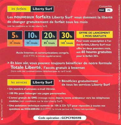 Liberty_surf_7_V.jpg (147.75 Kio) Vu 7404 fois Kit de connexion Liberty Surf (60H), offre en partenariat avec l'enseigne Géant - 2001 (verso)