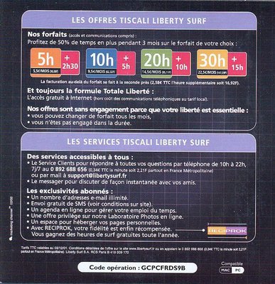 Liberty_surf_8_V.jpg (181.64 Kio) Vu 7404 fois Kit de connexion TISCALI/Liberty Surf, offre en partenariat avec l'enseigne Géant - 2002 (verso)